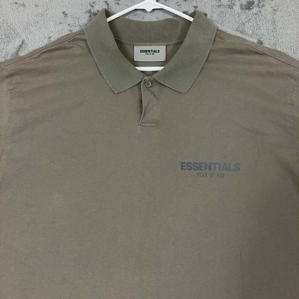 Essentials Fear of God Mens Logo Polo Shirt Taupe Olive Green XL Short Sleeve - Picture 3 of 10